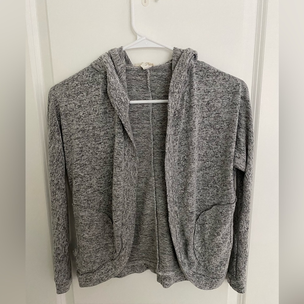 Gray cardigan with hood.